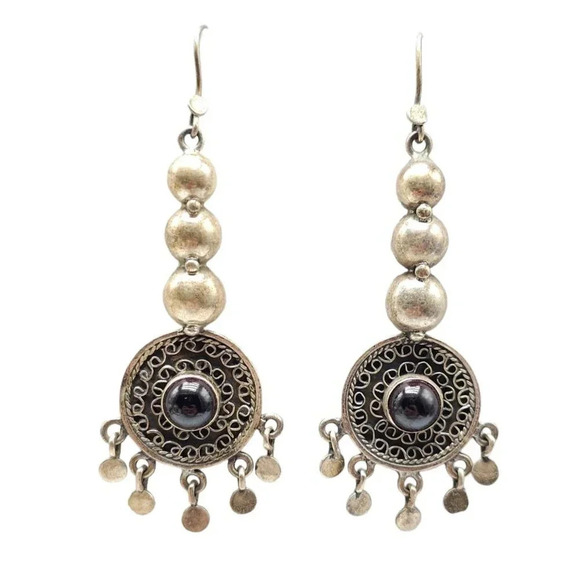 925 Sterling Silver Red Garnet Dangle Drop Earrings Hook Closure Vintage Thai